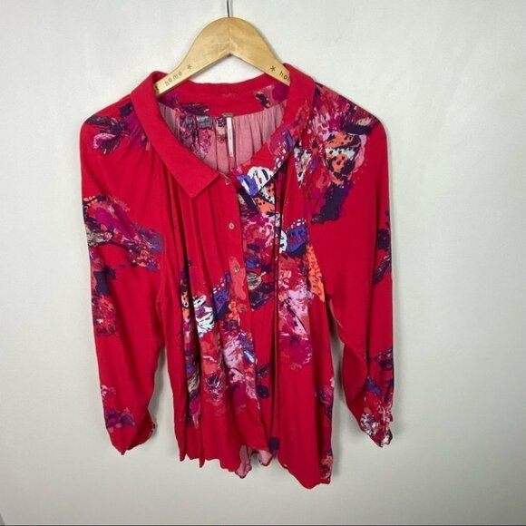 Free People Revolve Meadow Lark Blouse Red Fuchsia Pink Size XS Floral Bohemian - Picture 10 of 11